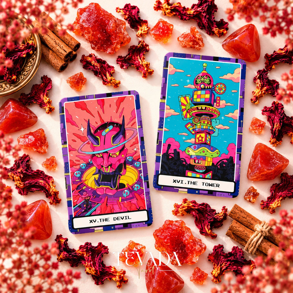 At the Edge of the Galaxy Tarot The Devil and The Tower card fronts shown side by side with red flowers and cinnamon sticks.