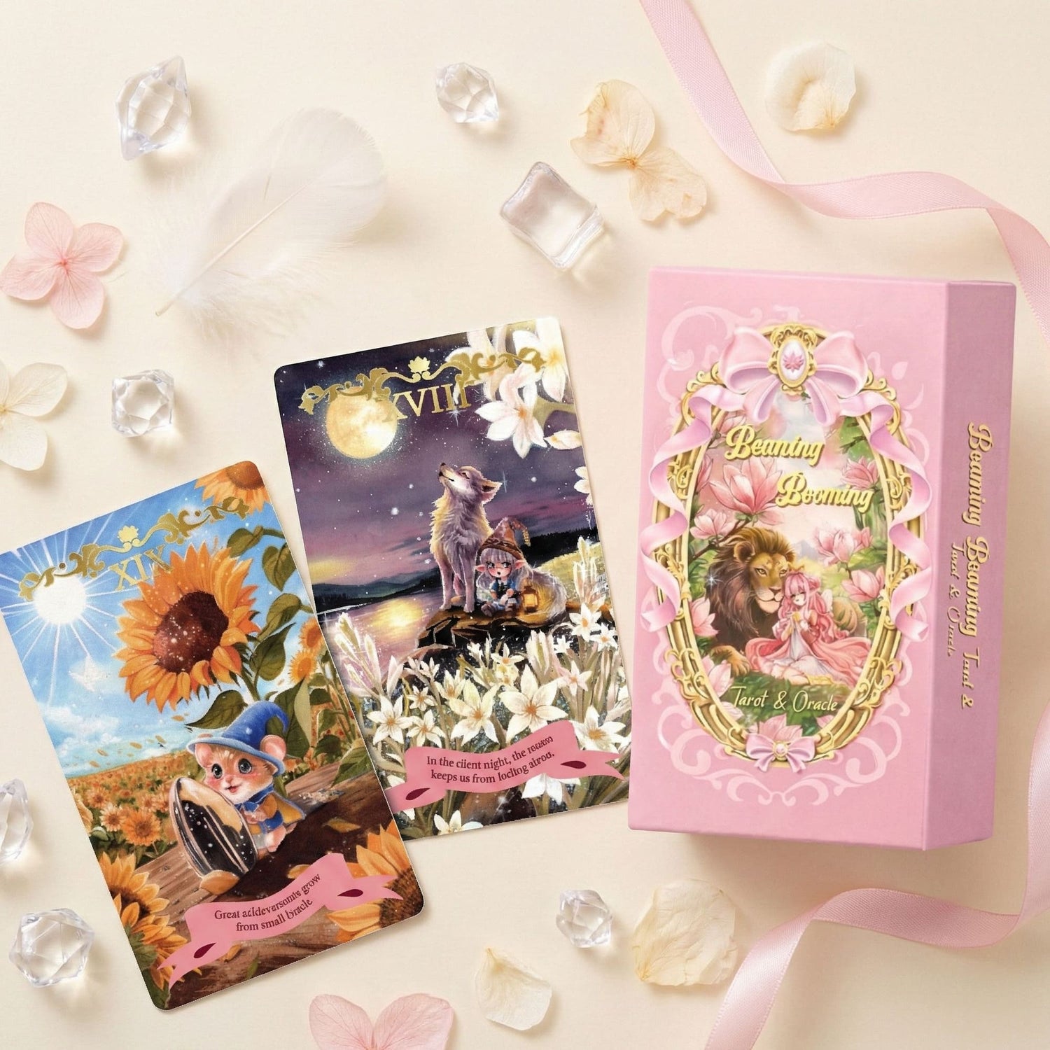 Beaming Booming Tarot &amp; Oracle Deck featuring cute hand-drawn art for healing and intuitive guidance.