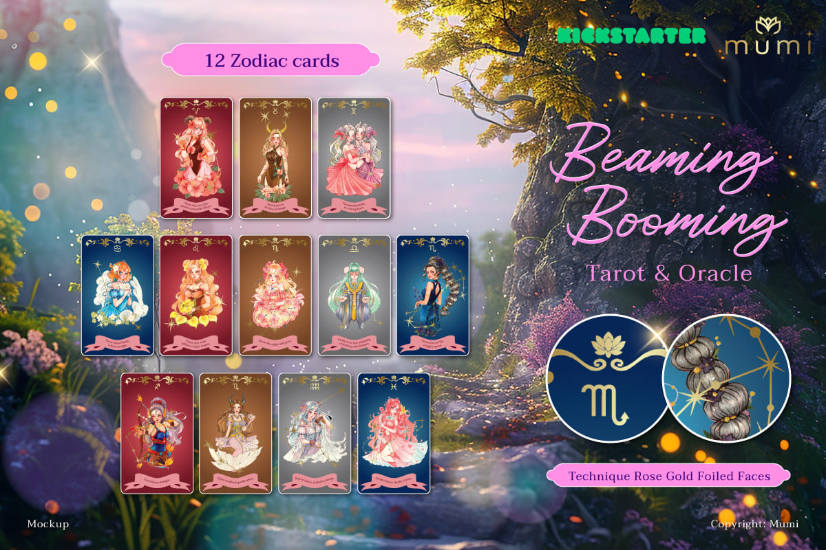 Beaming Booming Tarot &amp; Oracle Deck featuring cute hand-drawn art for healing and intuitive guidance.