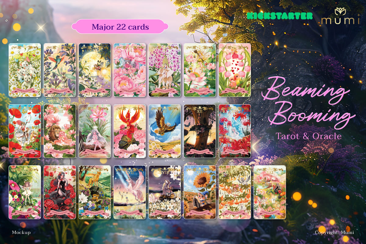 Beaming Booming Tarot &amp; Oracle Deck featuring cute hand-drawn art for healing and intuitive guidance.