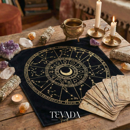 Mystic Black Velvet Tarot Cloth with Gold Zodiac Stamping for Altar Decor and Card Protection.
