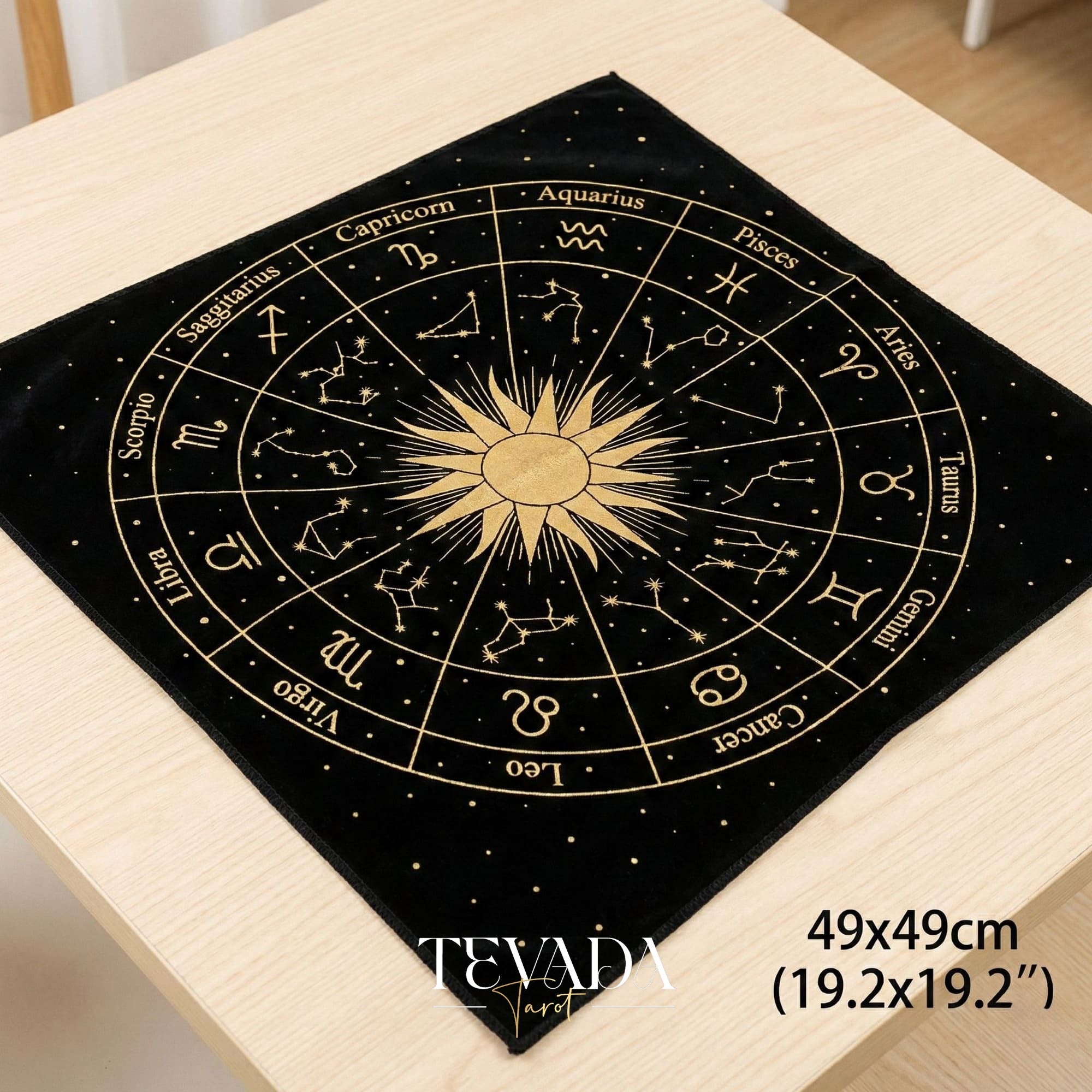Mystic Black Velvet Tarot Cloth with Gold Zodiac Stamping for Altar Decor and Card Protection.