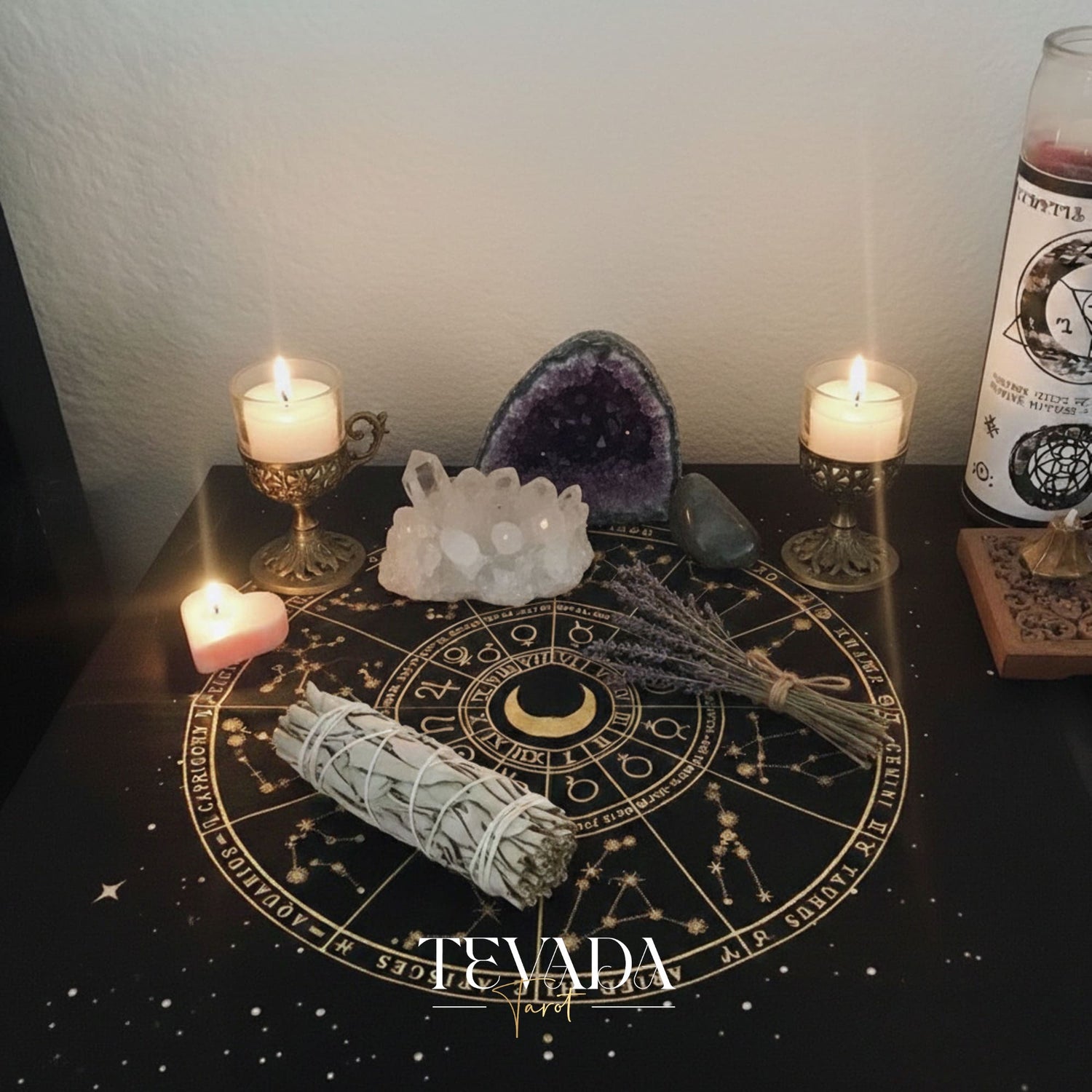 Mystic Black Velvet Tarot Cloth with Gold Zodiac Stamping for Altar Decor and Card Protection.