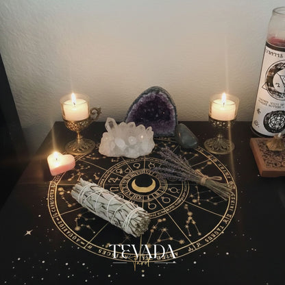 Mystic Black Velvet Tarot Cloth with Gold Zodiac Stamping for Altar Decor and Card Protection.