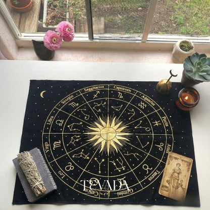 Mystic Black Velvet Tarot Cloth with Gold Zodiac Stamping for Altar Decor and Card Protection.