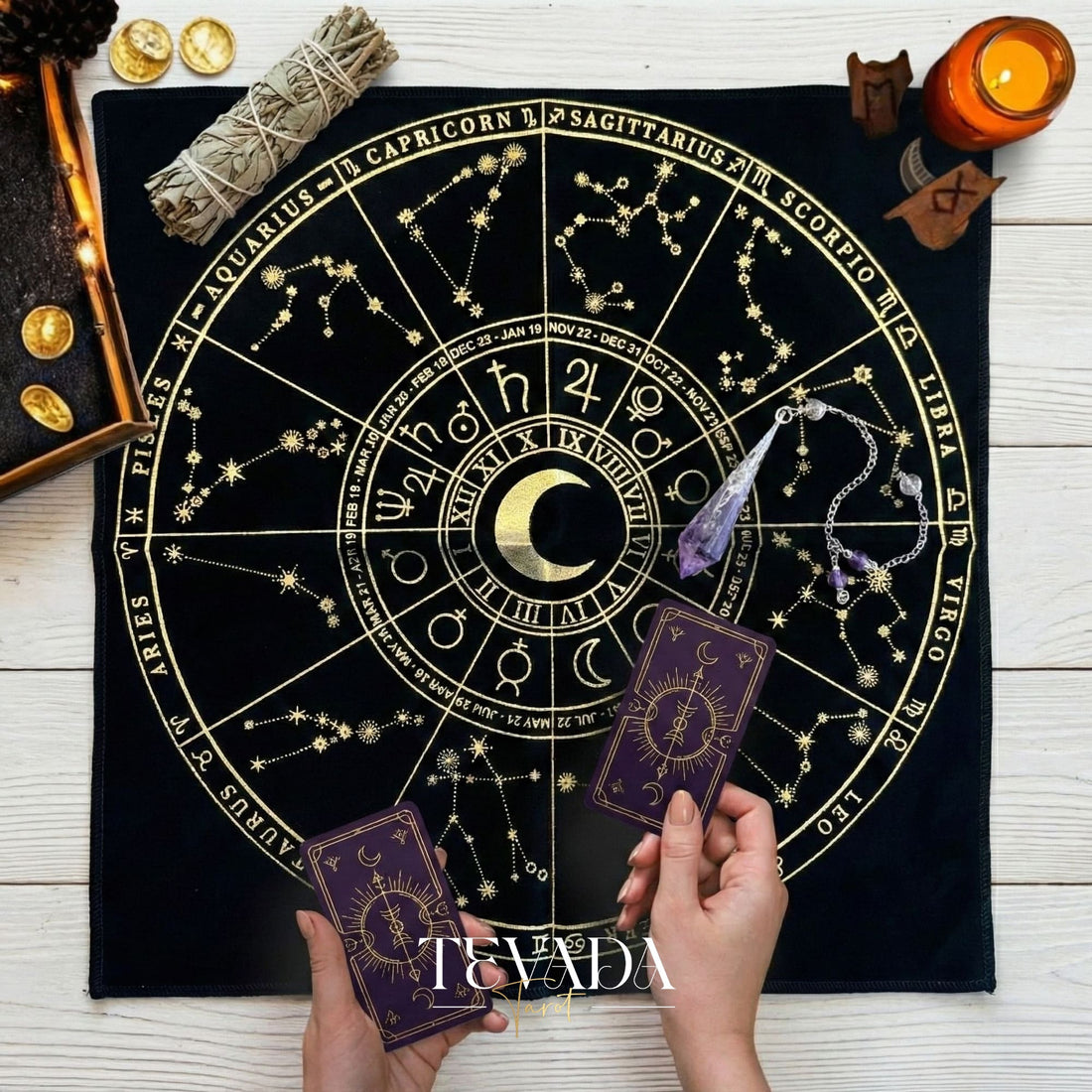 Mystic Black Velvet Tarot Cloth with Gold Zodiac Stamping for Altar Decor and Card Protection.