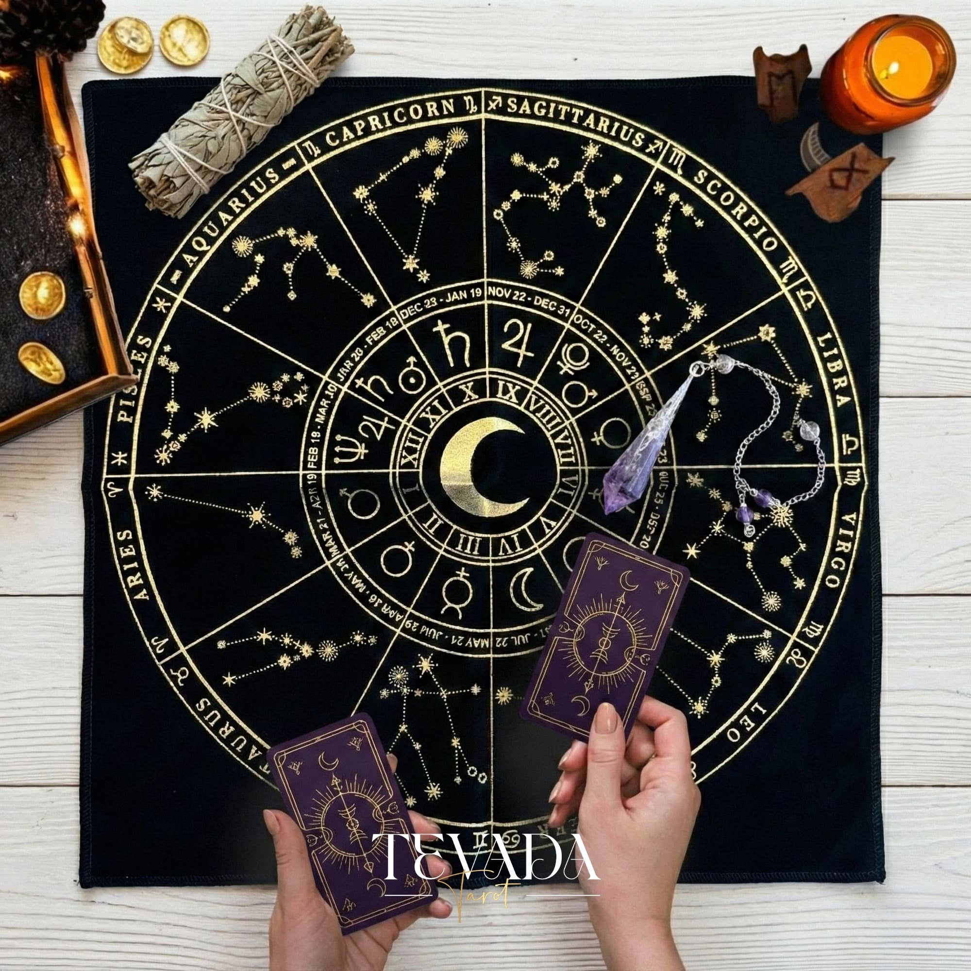 Mystic Black Velvet Tarot Cloth with Gold Zodiac Stamping for Altar Decor and Card Protection.