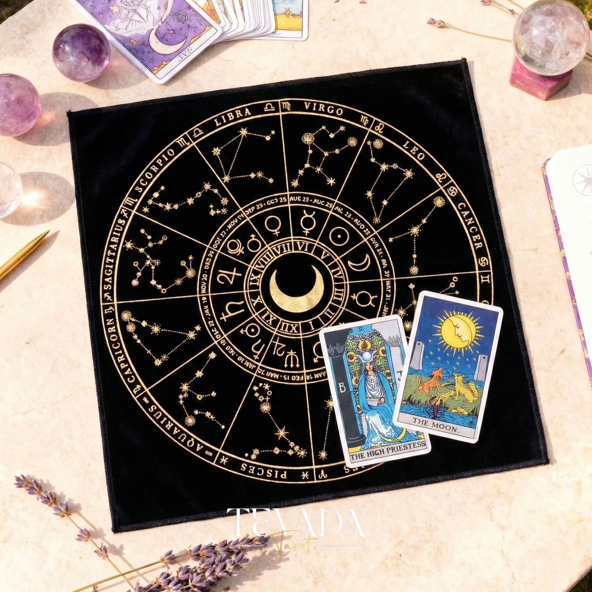 Mystic Black Velvet Tarot Cloth with Gold Zodiac Stamping for Altar Decor and Card Protection.