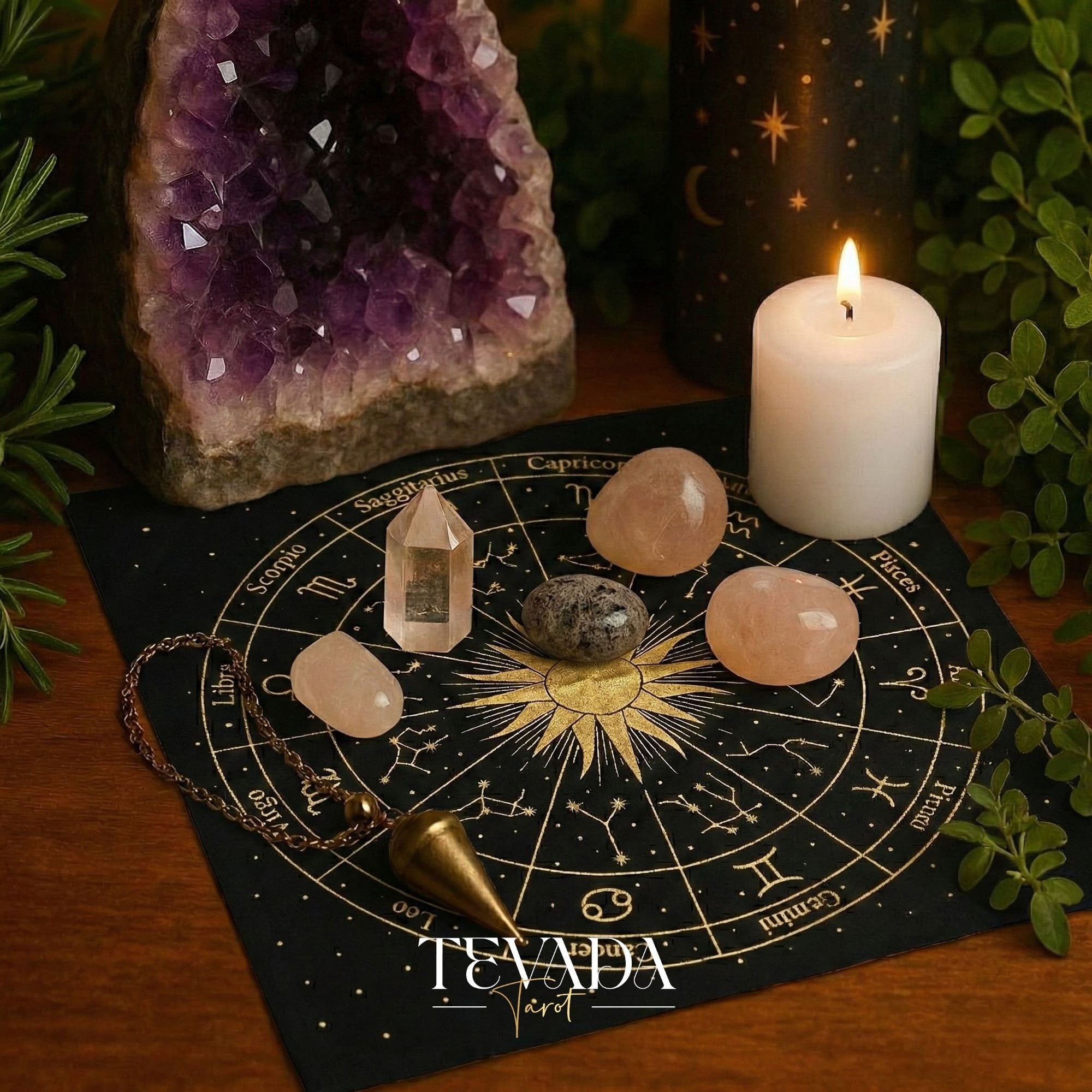 Mystic Black Velvet Tarot Cloth with Gold Zodiac Stamping for Altar Decor and Card Protection.