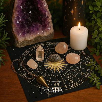Mystic Black Velvet Tarot Cloth with Gold Zodiac Stamping for Altar Decor and Card Protection.