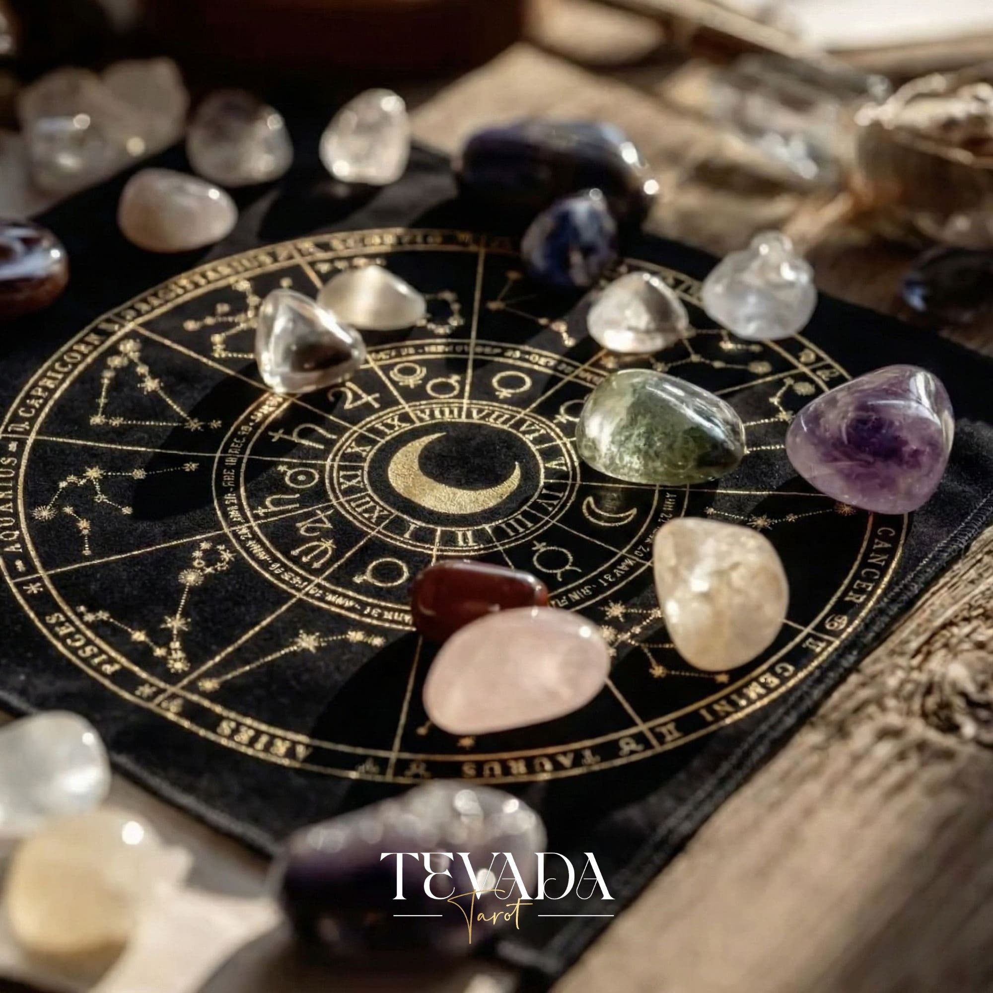 Mystic Black Velvet Tarot Cloth with Gold Zodiac Stamping for Altar Decor and Card Protection.