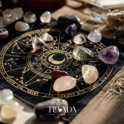 Mystic Black Velvet Tarot Cloth with Gold Zodiac Stamping for Altar Decor and Card Protection.