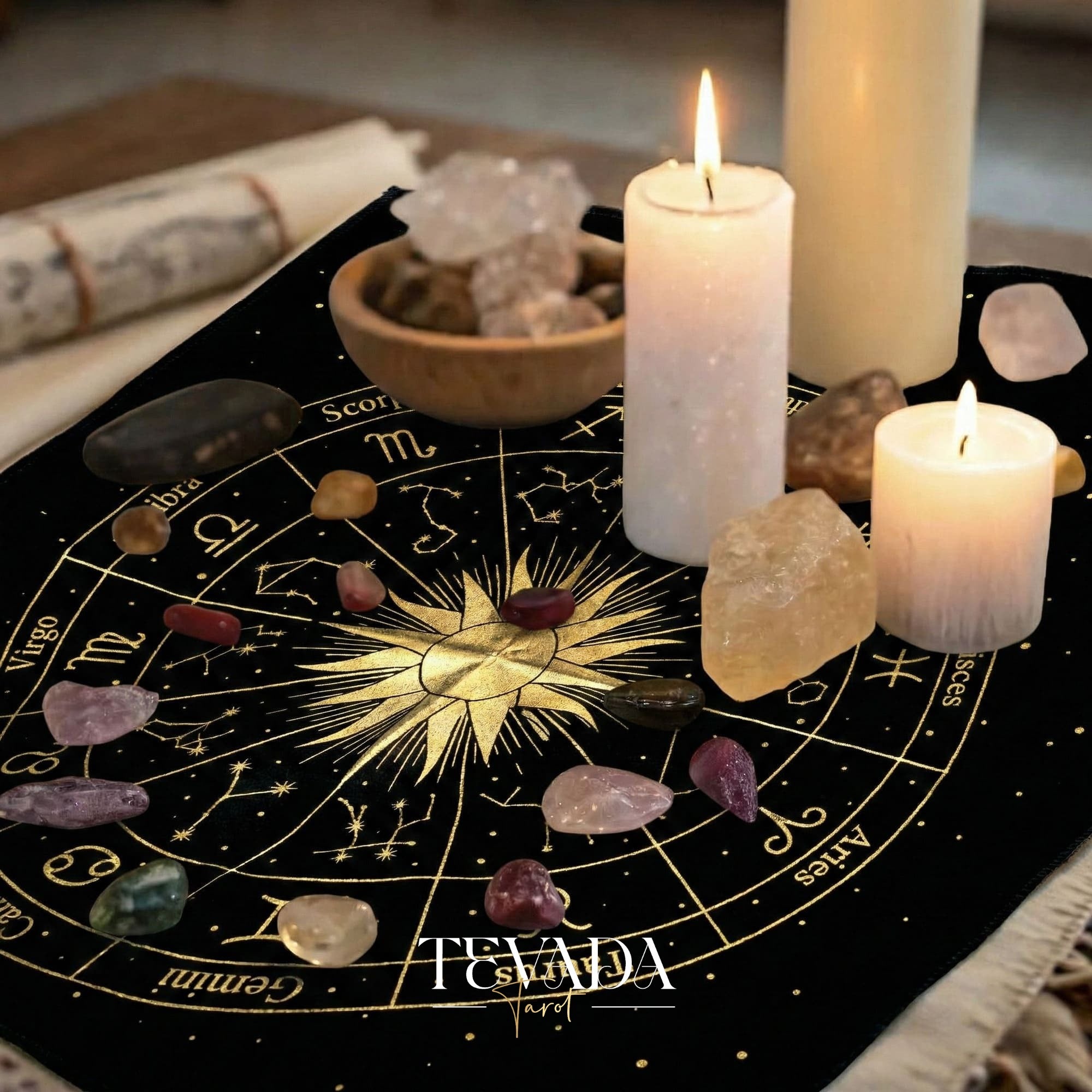 Mystic Black Velvet Tarot Cloth with Gold Zodiac Stamping for Altar Decor and Card Protection.