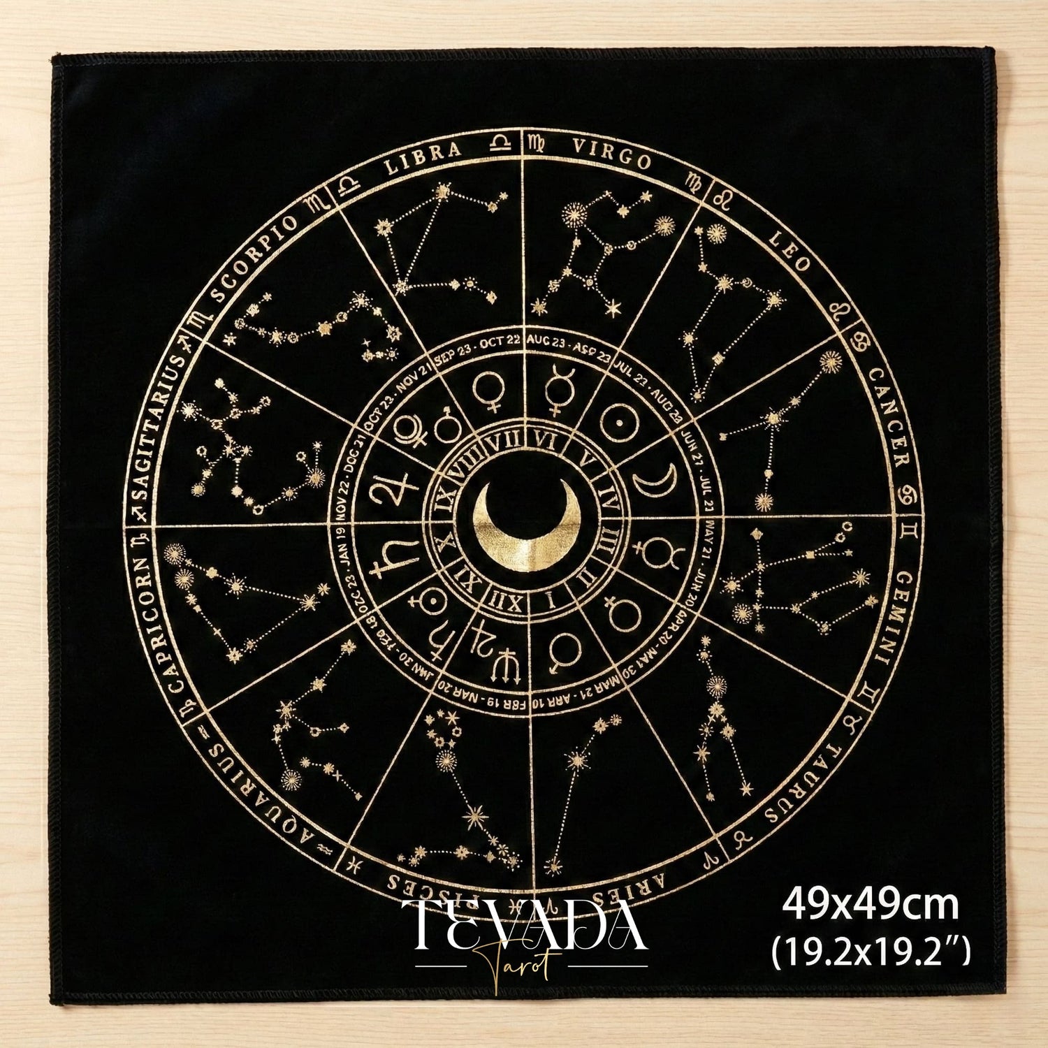 Mystic Black Velvet Tarot Cloth with Gold Zodiac Stamping for Altar Decor and Card Protection.