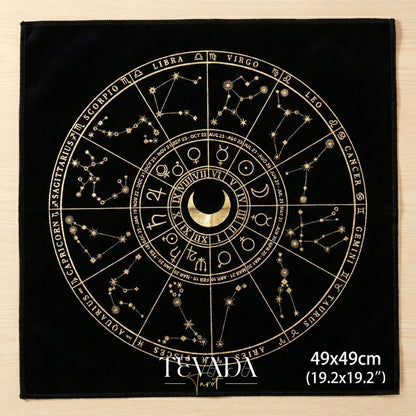 Mystic Black Velvet Tarot Cloth with Gold Zodiac Stamping for Altar Decor and Card Protection.