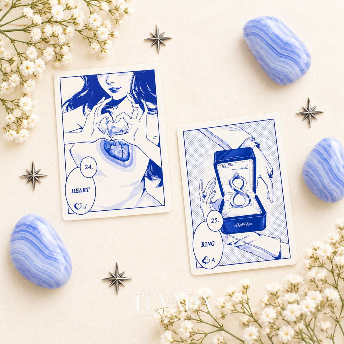 The Woman and Man Lenormand cards, numbered 29 and 28, shown side by side in blue comic-style artwork.