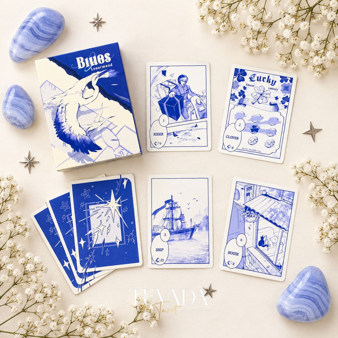 The Blues Lenormand box and a spread of Klein-blue comic-style cards with everyday symbols on a pale floral background.