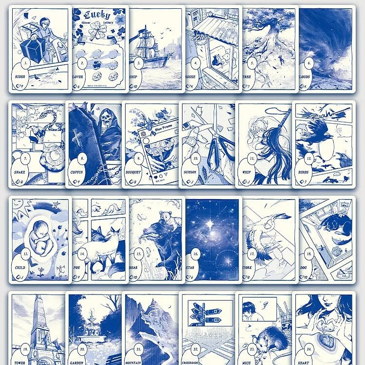 Blues Lenormand Deck Klein blue comic-style oracle deck for direct daily readings