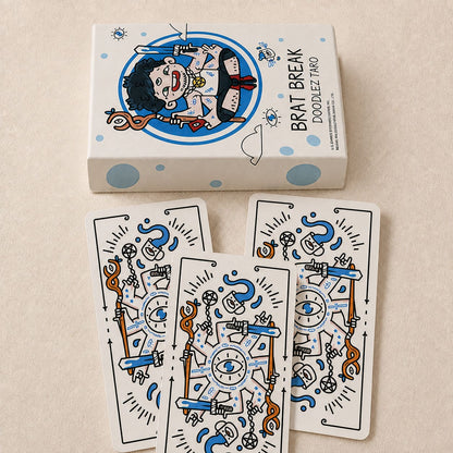 Brat Break Doodlez Tarot hand-drawn cartoon deck with bold red, blue, black, and white art for playful readings
