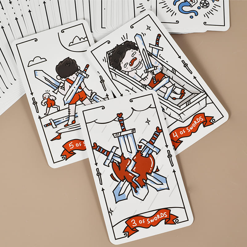 Brat Break Doodlez Tarot hand-drawn cartoon deck with bold red, blue, black, and white art for playful readings