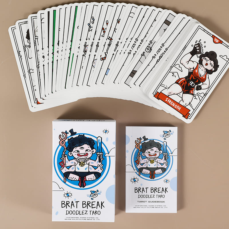 Brat Break Doodlez Tarot hand-drawn cartoon deck with bold red, blue, black, and white art for playful readings