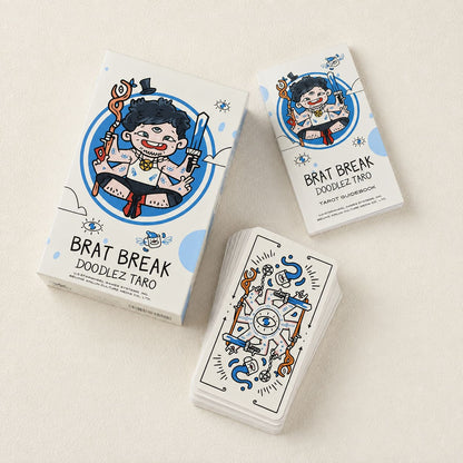 Brat Break Doodlez Tarot hand-drawn cartoon deck with bold red, blue, black, and white art for playful readings