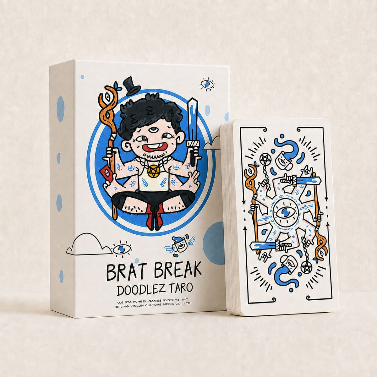 Brat Break Doodlez Tarot hand-drawn cartoon deck with bold red, blue, black, and white art for playful readings