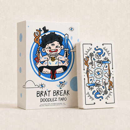 Brat Break Doodlez Tarot hand-drawn cartoon deck with bold red, blue, black, and white art for playful readings