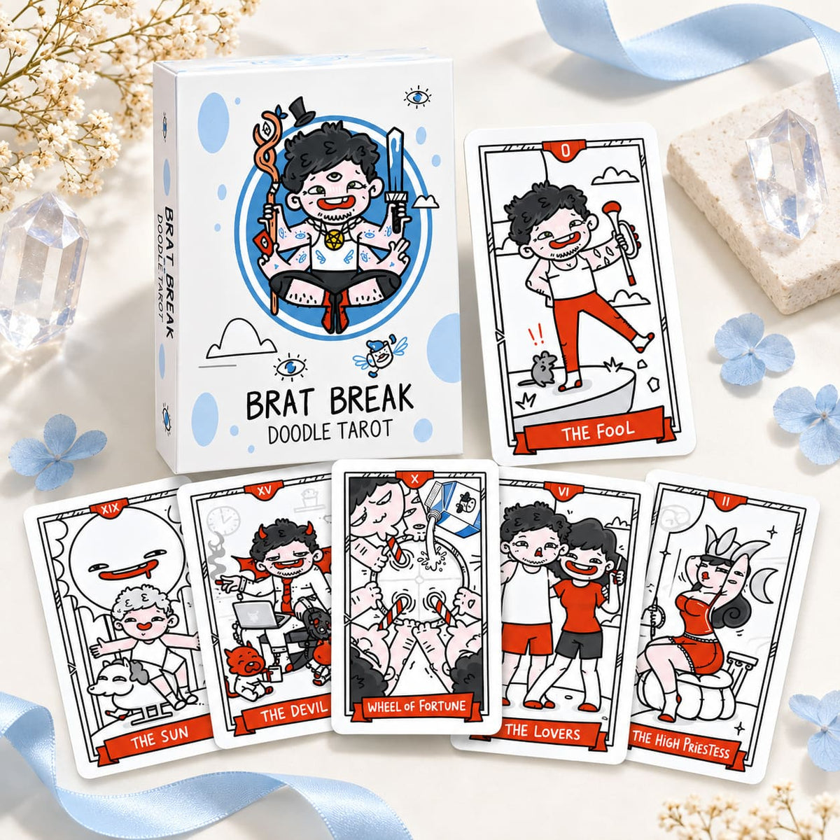 Brat Break Doodlez Tarot hand-drawn cartoon deck with bold red, blue, black, and white art for playful readings