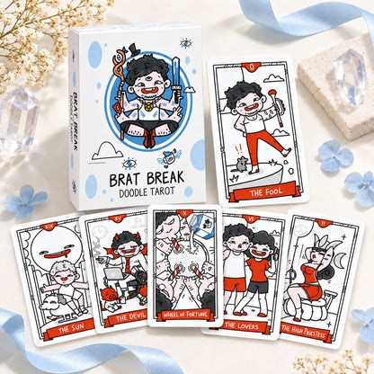 Brat Break Doodlez Tarot hand-drawn cartoon deck with bold red, blue, black, and white art for playful readings
