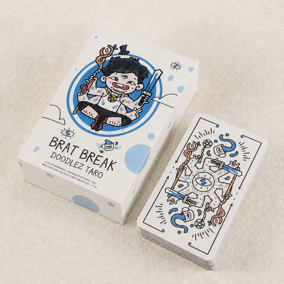 Brat Break Doodlez Tarot hand-drawn cartoon deck with bold red, blue, black, and white art for playful readings