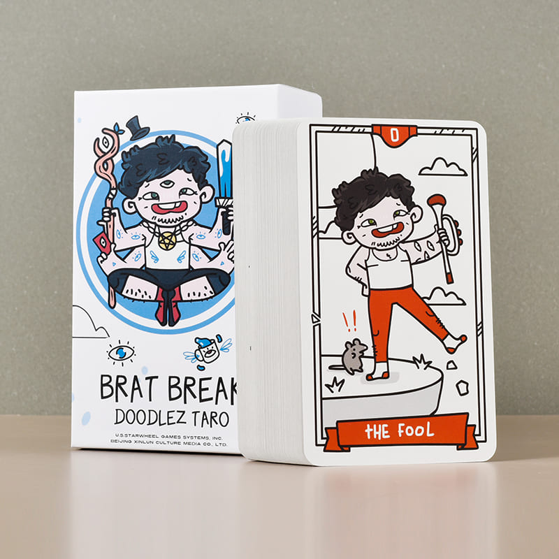 Brat Break Doodlez Tarot hand-drawn cartoon deck with bold red, blue, black, and white art for playful readings
