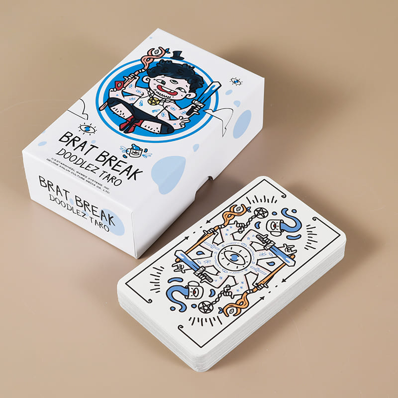 Brat Break Doodlez Tarot hand-drawn cartoon deck with bold red, blue, black, and white art for playful readings