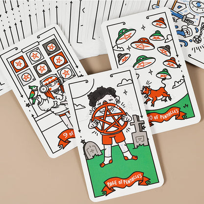 Brat Break Doodlez Tarot hand-drawn cartoon deck with bold red, blue, black, and white art for playful readings