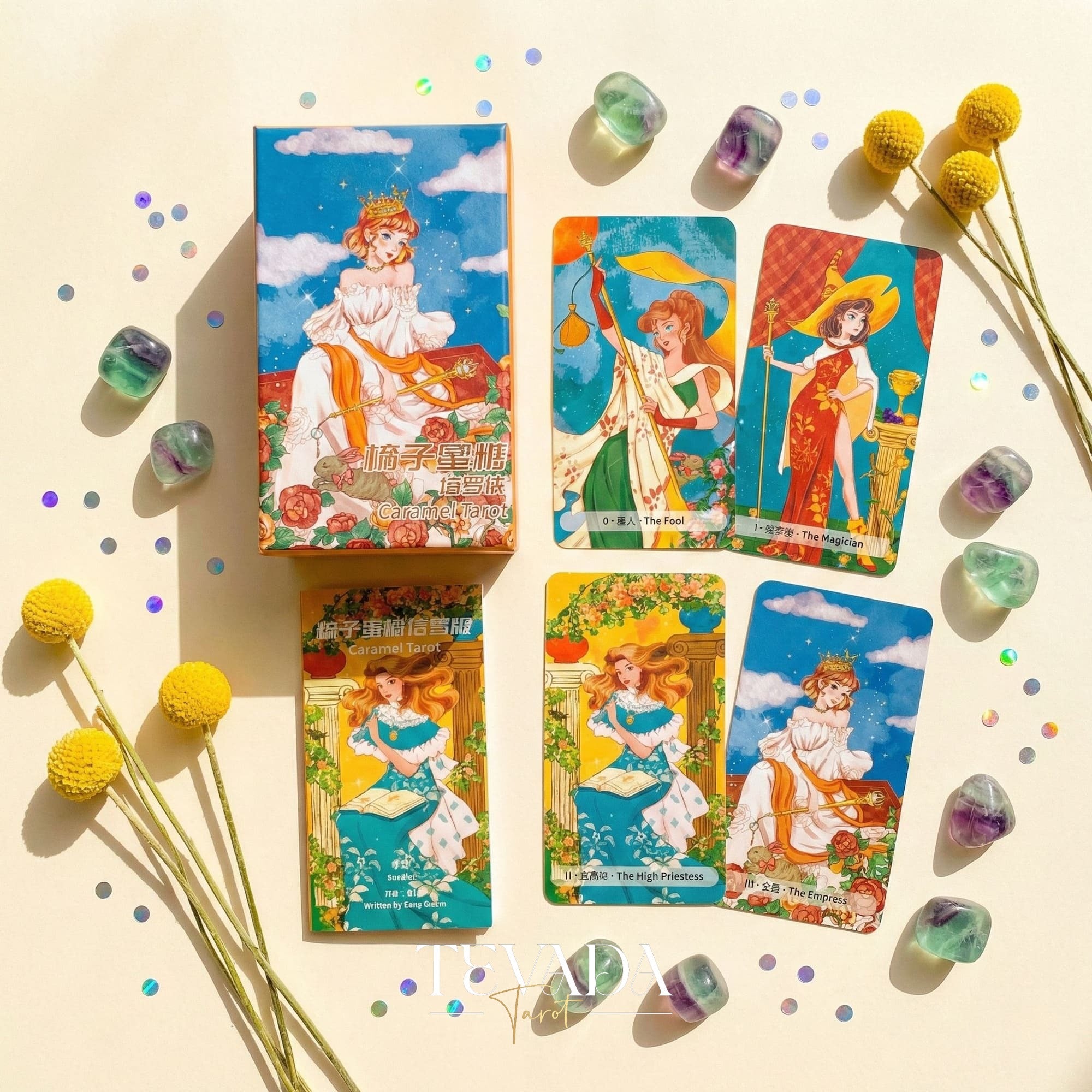 Whimsical Caramel Tarot Deck indie cards with funny illustrations for lighthearted daily divination.