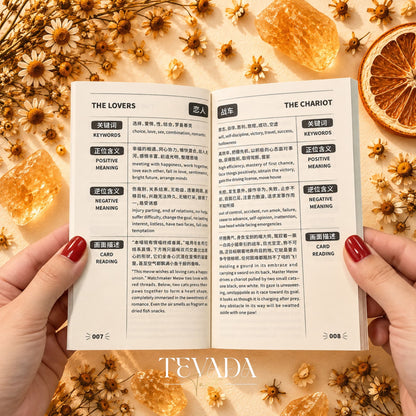 Cat Charm Tarot Deck and illustrated cards displayed together with an English guidebook in a warm product layout.