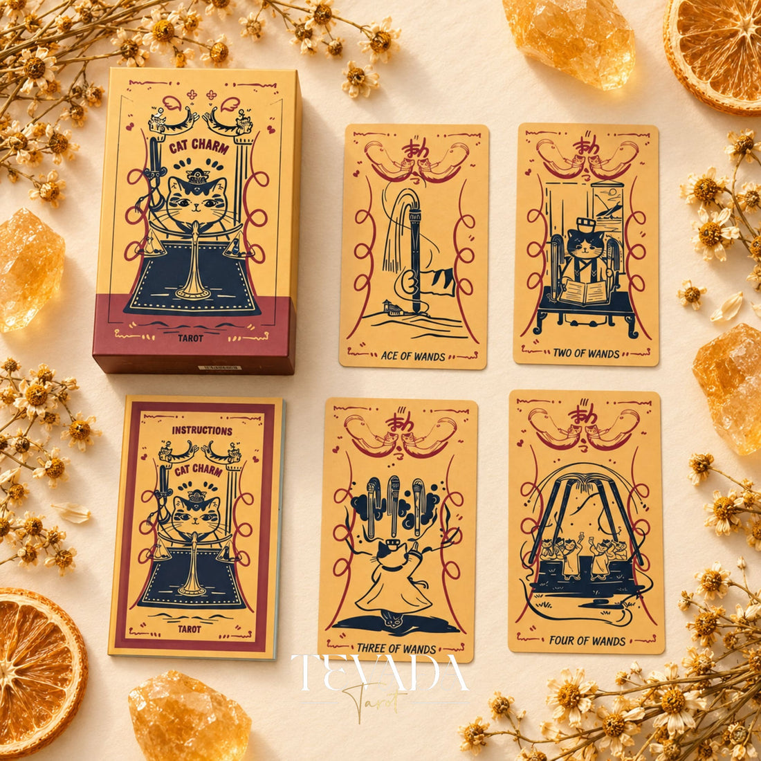 Cat Charm Tarot Deck box with orange vintage cat-themed tarot cards arranged on a warm cream background.
