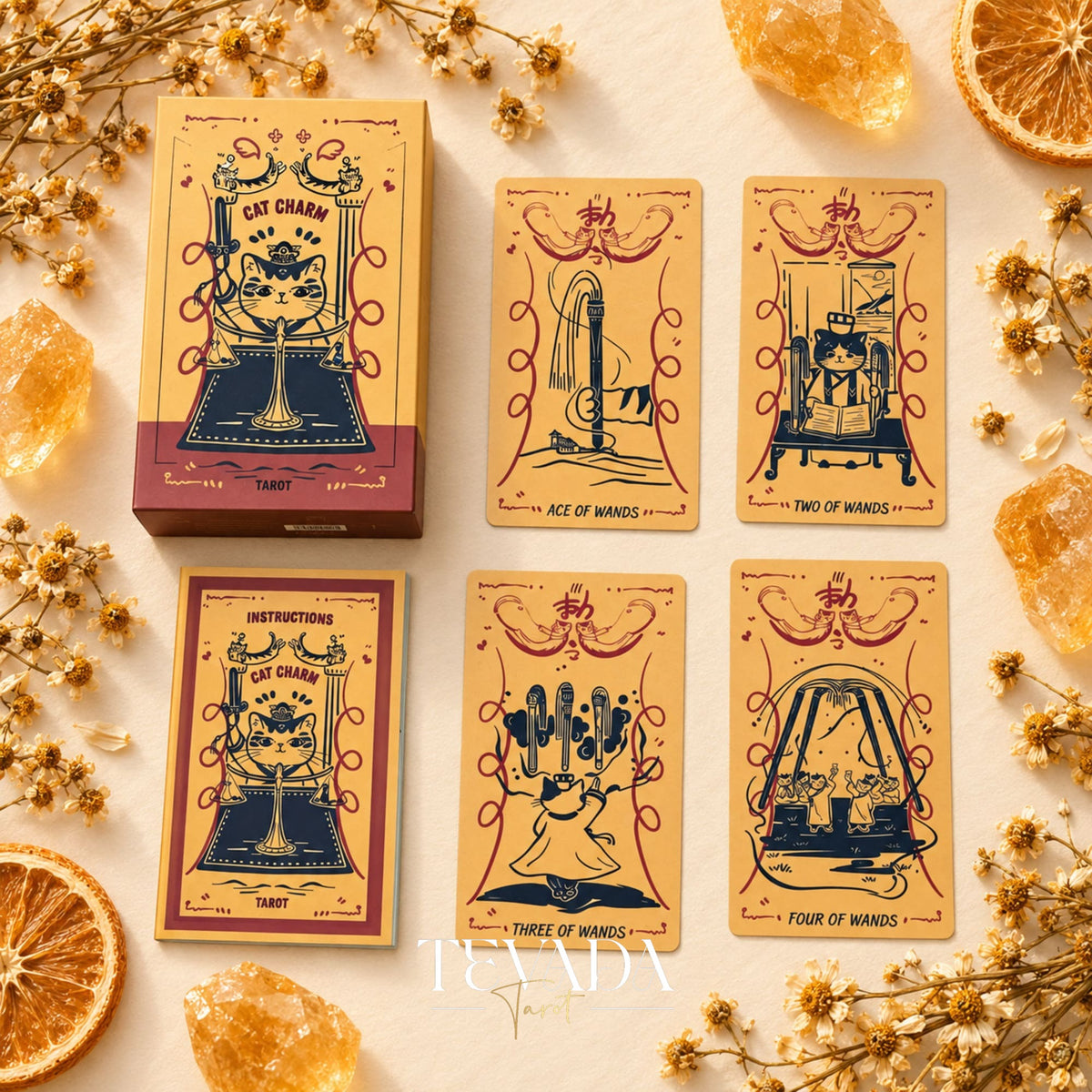 Cat Charm Tarot Deck box with orange vintage cat-themed tarot cards arranged on a warm cream background.