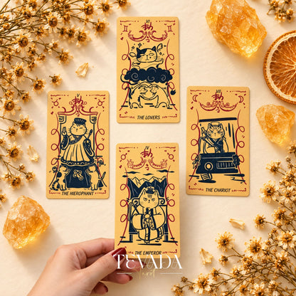 Cat Charm Tarot Deck product display with the rigid box, illustrated tarot cards, and English guidebook.