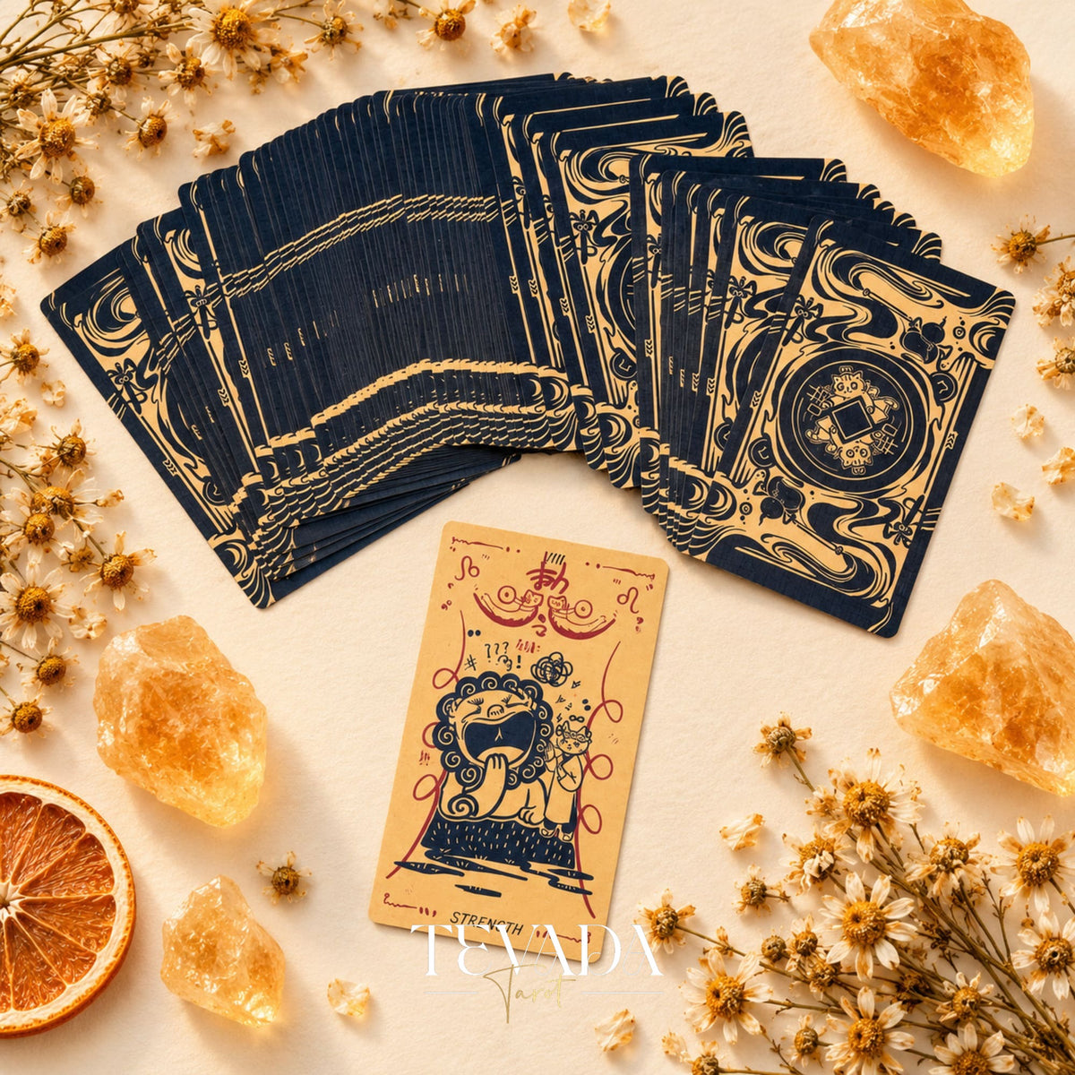 Orange cat-themed tarot cards from the Cat Charm Tarot Deck arranged in a cozy vintage-inspired spread.
