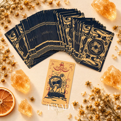 Orange cat-themed tarot cards from the Cat Charm Tarot Deck arranged in a cozy vintage-inspired spread.