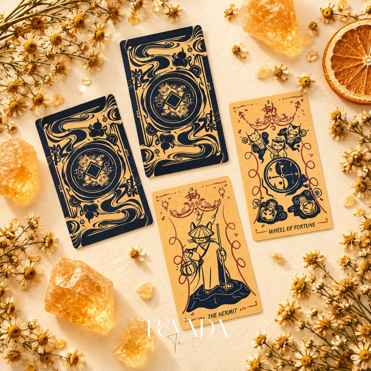 Cat Charm Tarot cards showing charming feline characters and lucky talisman details in warm orange and cream tones.