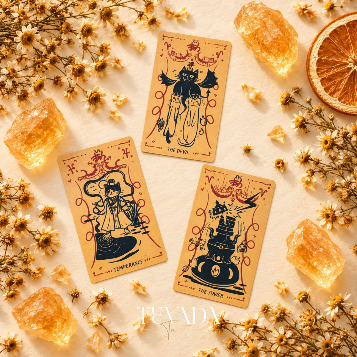 Spread of Cat Charm Tarot cards with whimsical cat characters, vintage colors, and symbolic tarot imagery.