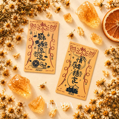 Cat Charm Tarot cards arranged for a daily reading, showing cat characters in a cozy orange vintage palette.