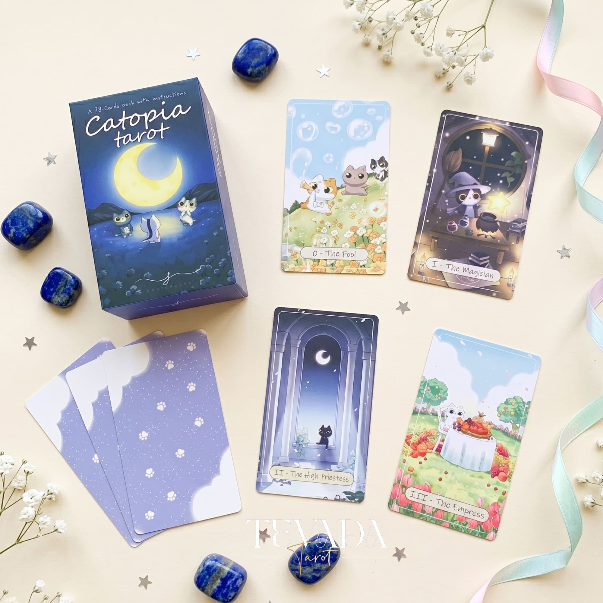 Catopia Tarot II featuring whimsical cat artwork on smooth cardstock for healing and playful divination.