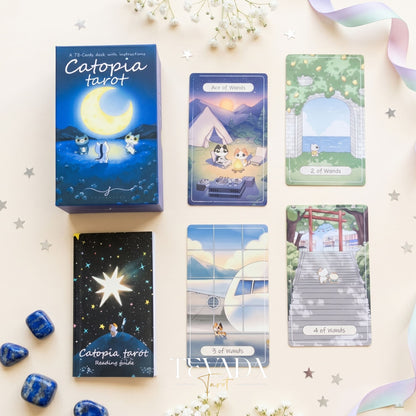 Catopia Tarot II featuring whimsical cat artwork on smooth cardstock for healing and playful divination.