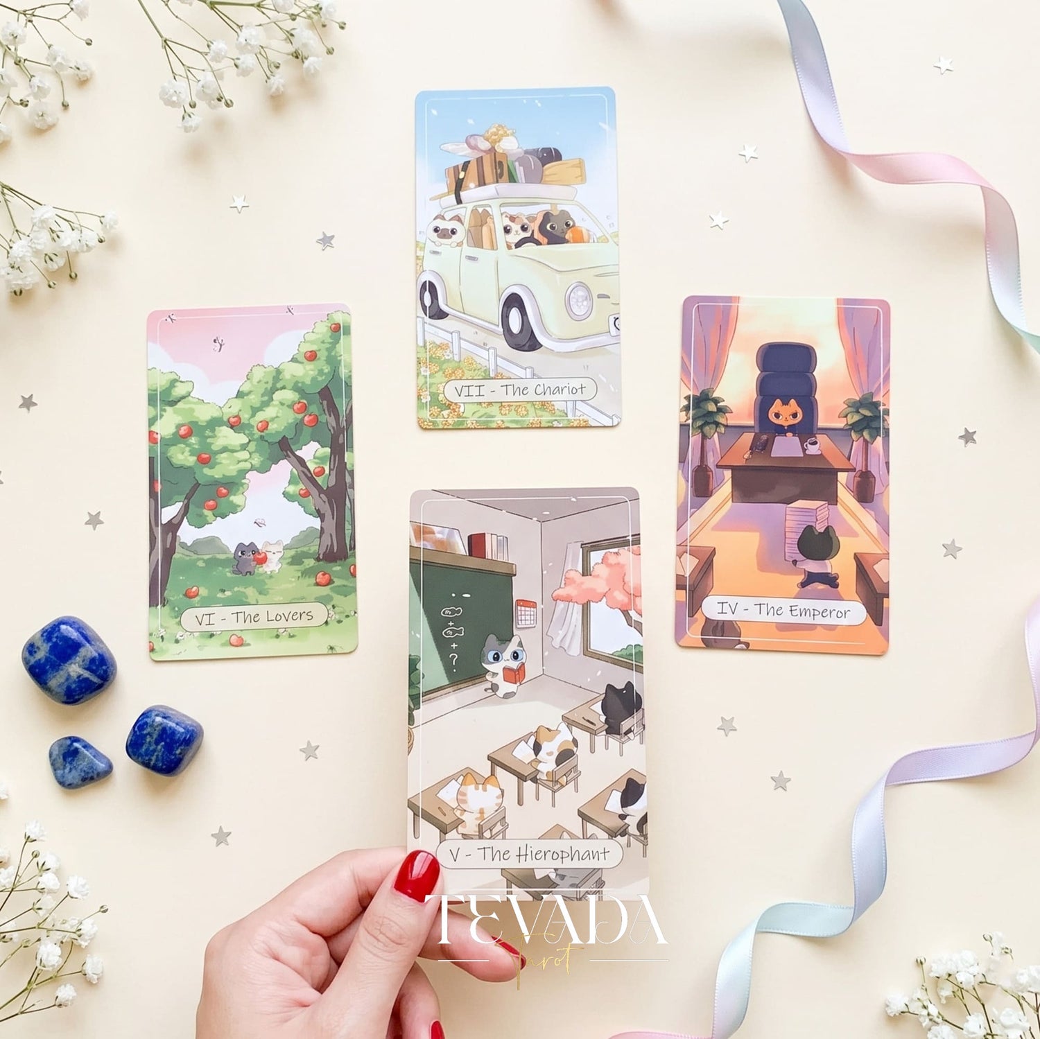 Catopia Tarot II featuring whimsical cat artwork on smooth cardstock for healing and playful divination.