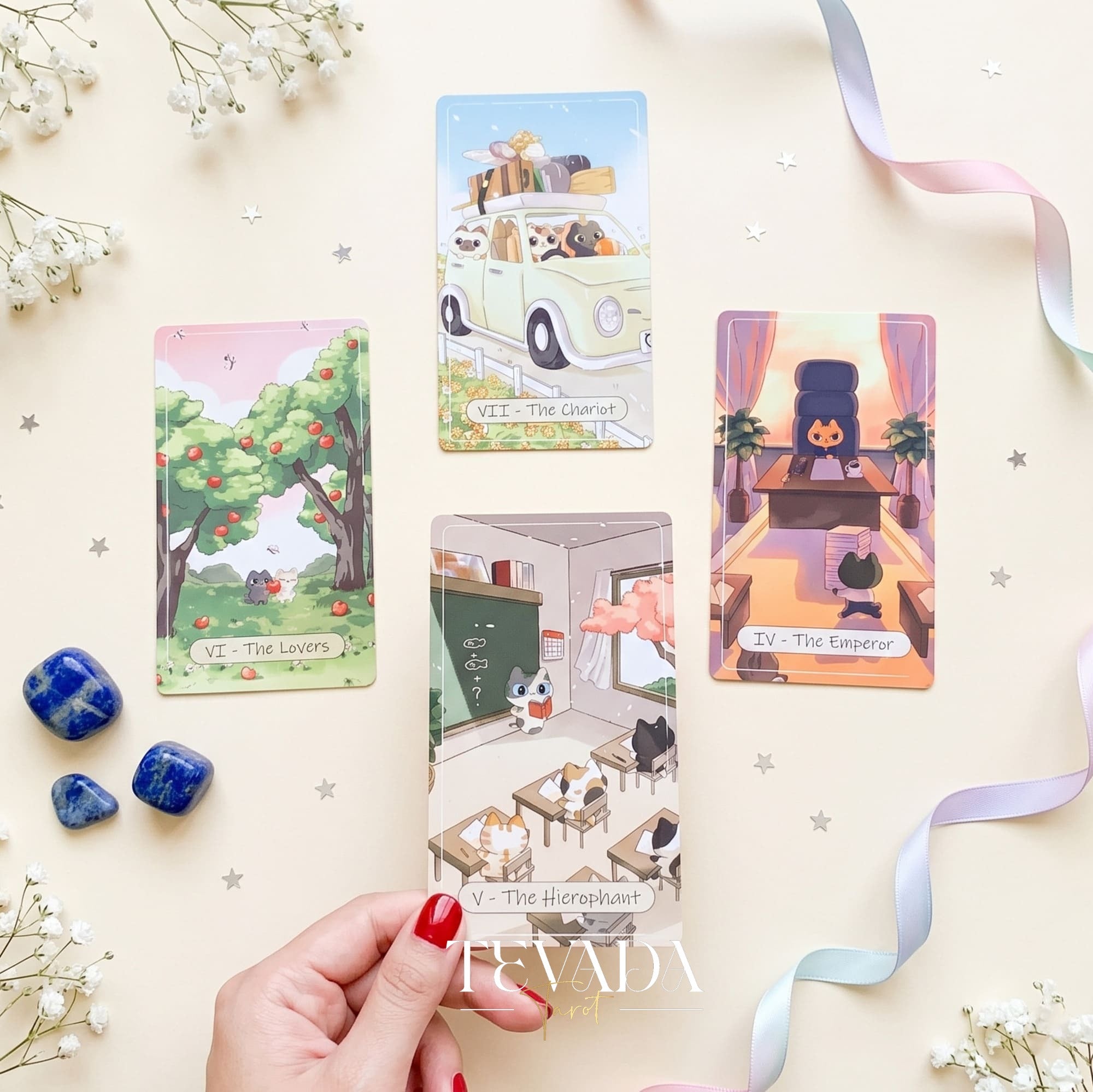 Catopia Tarot II featuring whimsical cat artwork on smooth cardstock for healing and playful divination.