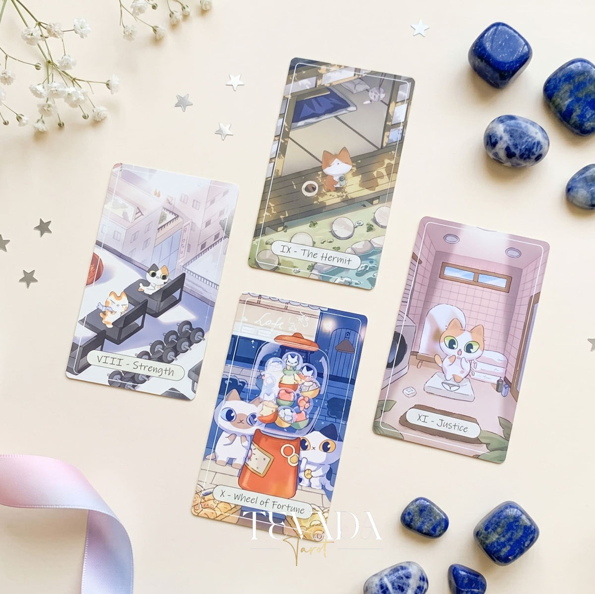 Catopia Tarot II featuring whimsical cat artwork on smooth cardstock for healing and playful divination.