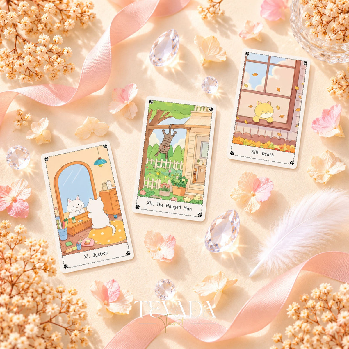 Three pastel cat tarot card fronts from Cat&
